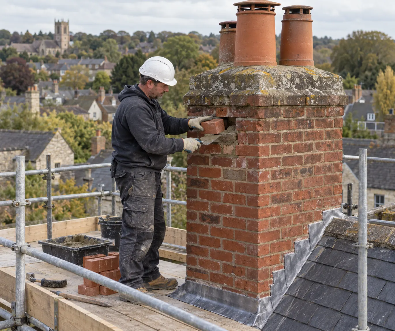 Roofer repairing brickwork on a brick chimney stack with chimney pots, on scaffolding