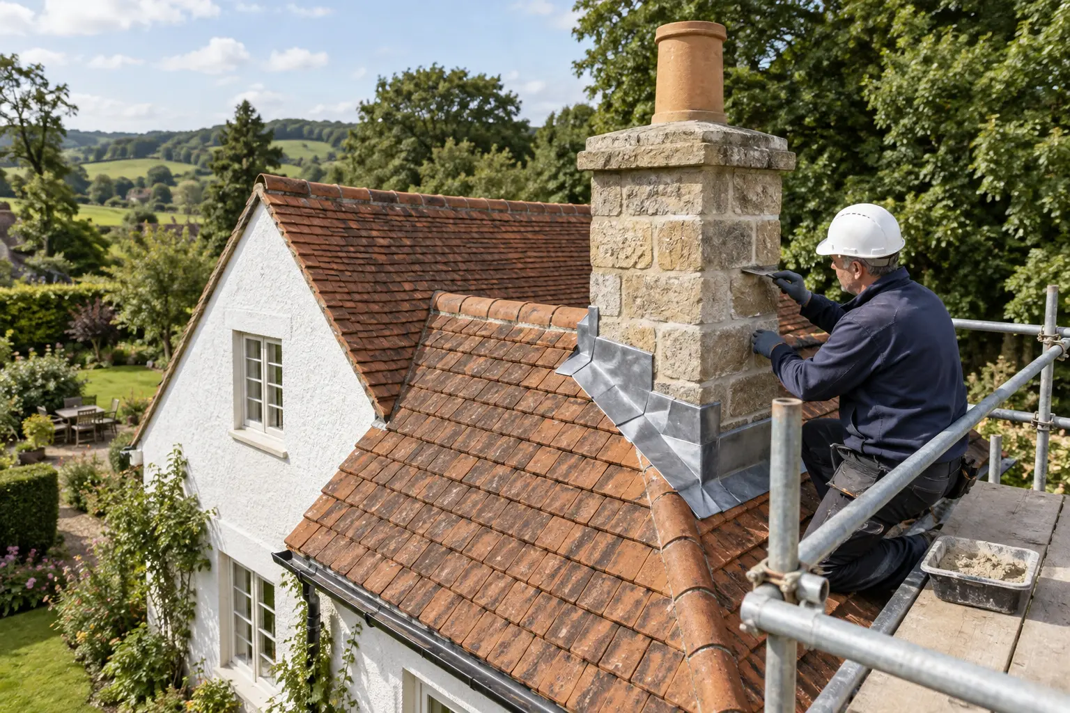 Roofer fitting new lead flashing around the base of a stone chimney stack on a tiled roof