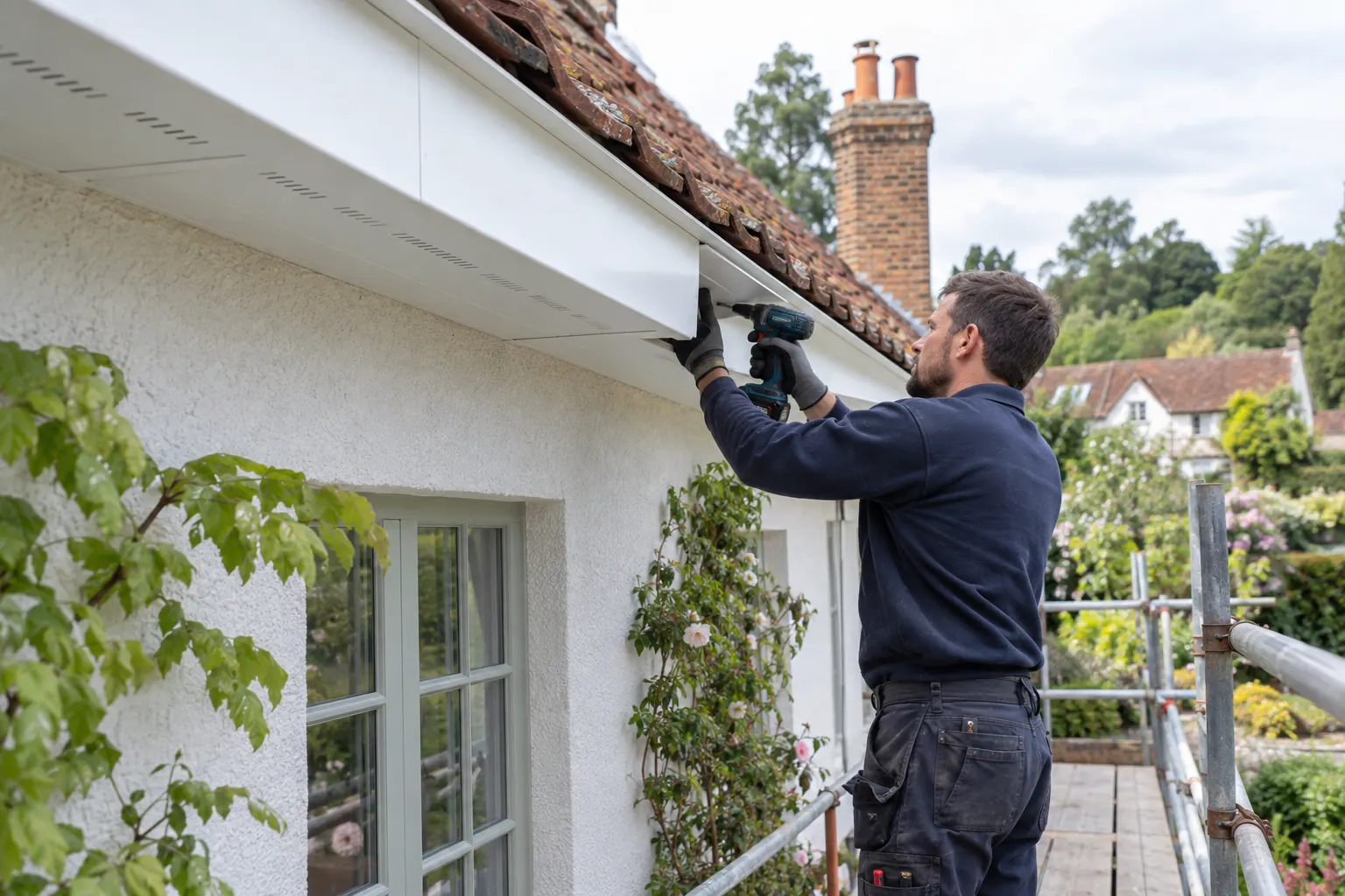 Roofer drilling new white fascia boards into place under a tiled roof