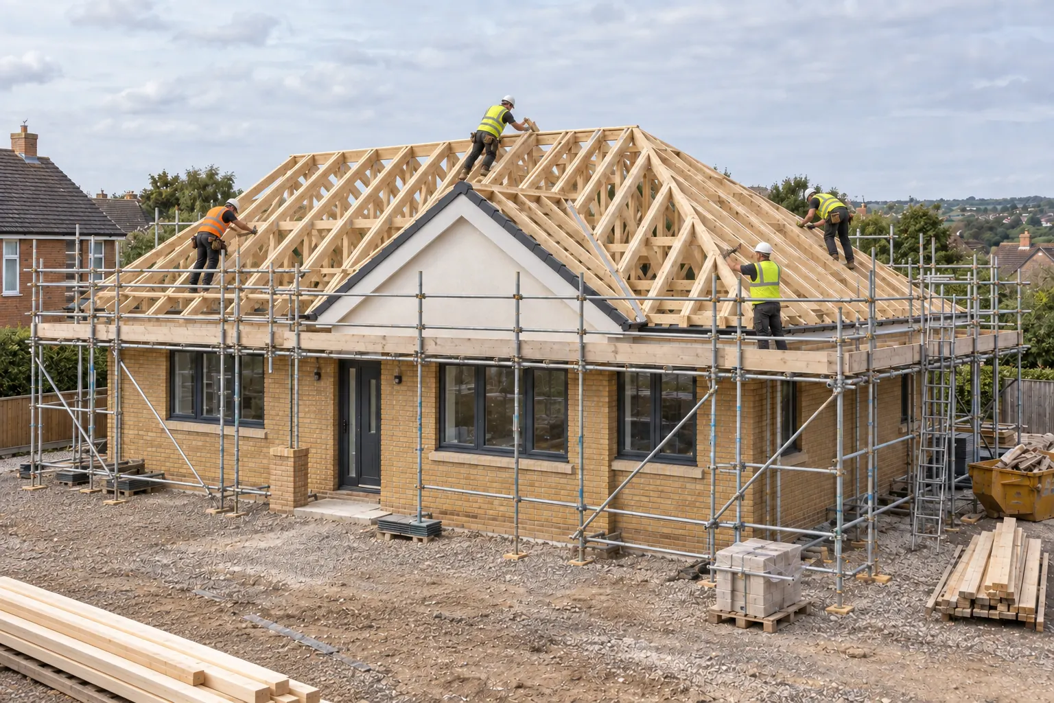 Roofers constructing the timber frame of a pitched roof